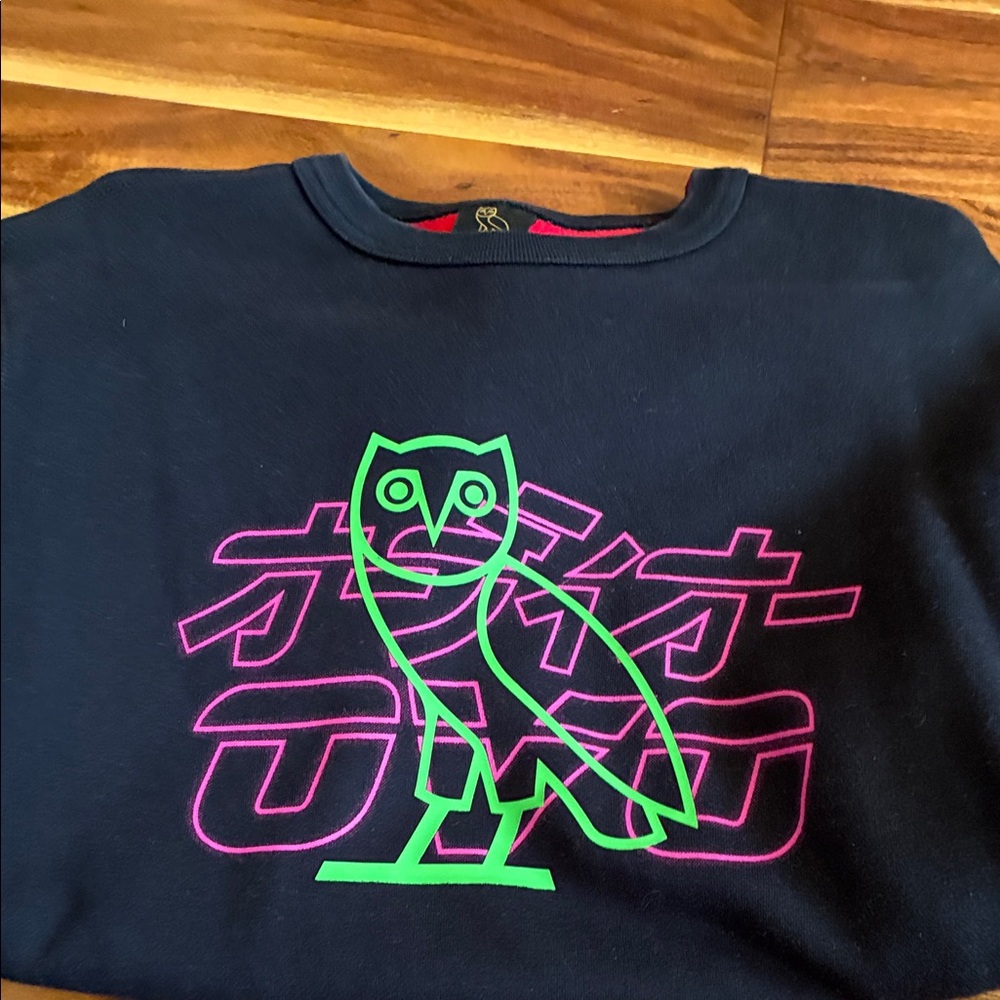 Men's Navy Blue Crewneck Sweater with Green Owl Graphic
